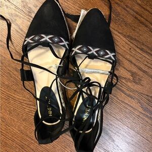 Nine West Black Embroidered Lace-Up Flats